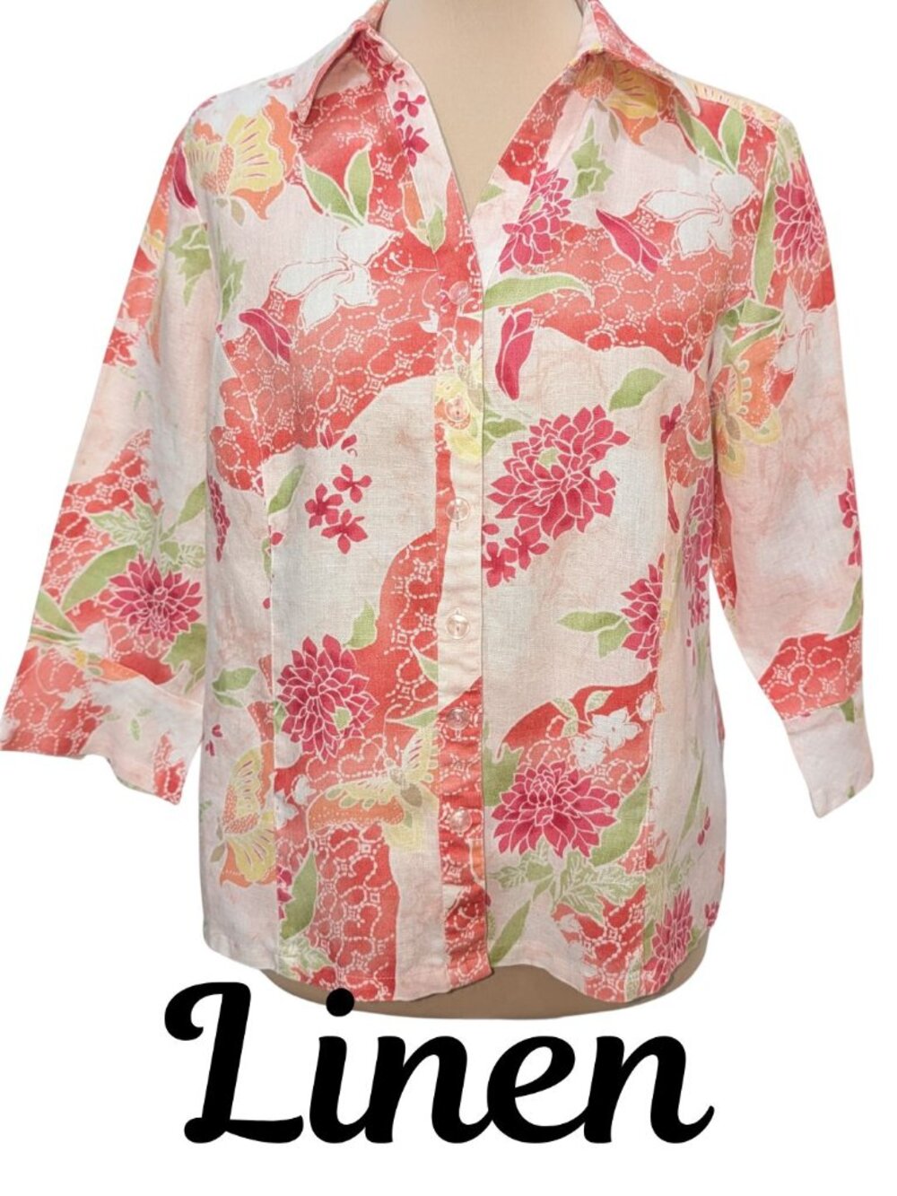 100% Linen JM Collection Petite Coral Floral Button Front Shirt